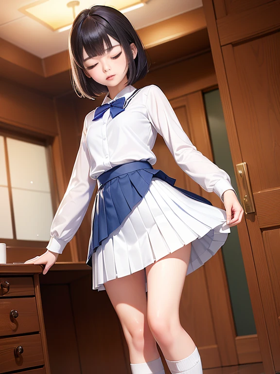 (masterpiece、Highest quality:1.7)、(:1.5)、(Shot from the calf up:1.5)、Bobcut、Black Hair、85mm、16K、Official Art、RAW Photos、Best Beautiful Faces、Close-up、Violet、Gardenia、((The best beautiful girl、very cute))、Red blush on cheeks、indoor、(Are standing:1.8)、Film Grain、Chromatic Aberration、Sharp Focus、(((Nice hands、Perfect hands、Perfect Fingers、Thin and delicate fingers、A perfect body without flaws)))、Detailed face、(Slender body:1.5)、(Slender body:1.4)、(Slim upper body:1.4)、(Small and flat bust:1.7)、(Let your bangs hang down:1.8)、(Blushing:1.8)、(Low contrast lighting:1.2)、(White tight business blouse with collar:1.5)、(White bow tie blouse:1.4)、(Long sleeve: 1.3)、(White pleated mini skirt:1.5)、(White School Socks:1.5)、(Eyes closed:1.5),(skirt lift:1.7)、(Low angle from below:1.5)