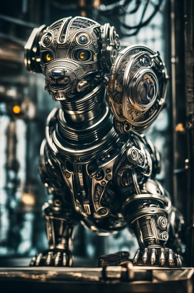 a cute puppy made out of metal, (cyborg:1.1), ([tail | detailed wire]:1.3), (intricate details), hdr, (intricate details, hyperdetailed:1.2), cinematic shot, Vignette, centered