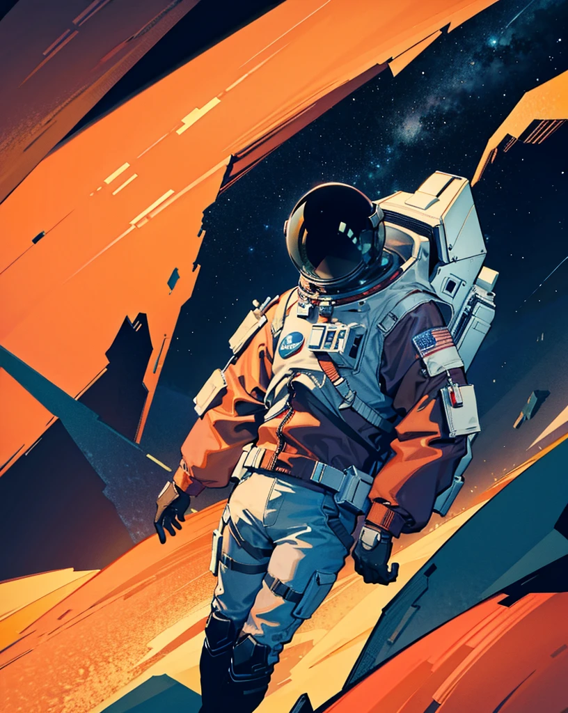 An astronaut stands at the edge of an imposing canyon on Mars, looking into the abyss that stretches out before him. The scene is set at night, illuminated by the stars and the faint glow of the planet. The canyon, with its steep and rugged walls, appears insurmountable, and the astronaut, in his spacesuit, screams into the void, expressing a mix of wonder and frustration. The Martian landscape is dotted with rocks and shadows, creating an atmosphere of mystery and challenge.