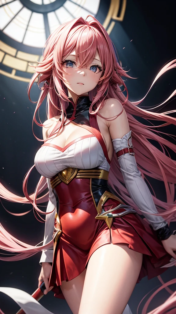 Yuzuriha Inori é uma personagem do anime Guilty Crown. She is known for her distinctive and striking appearance. Inori has long pink hair that reaches her thighs., usually styled in a flowing, straight shape. Its eyes are large and red in color, and she often wears a red and white outfit that resembles a dress and uniform combination.. Her design is both elegant and ethereal, reflecting his personality and the role he plays in the series.