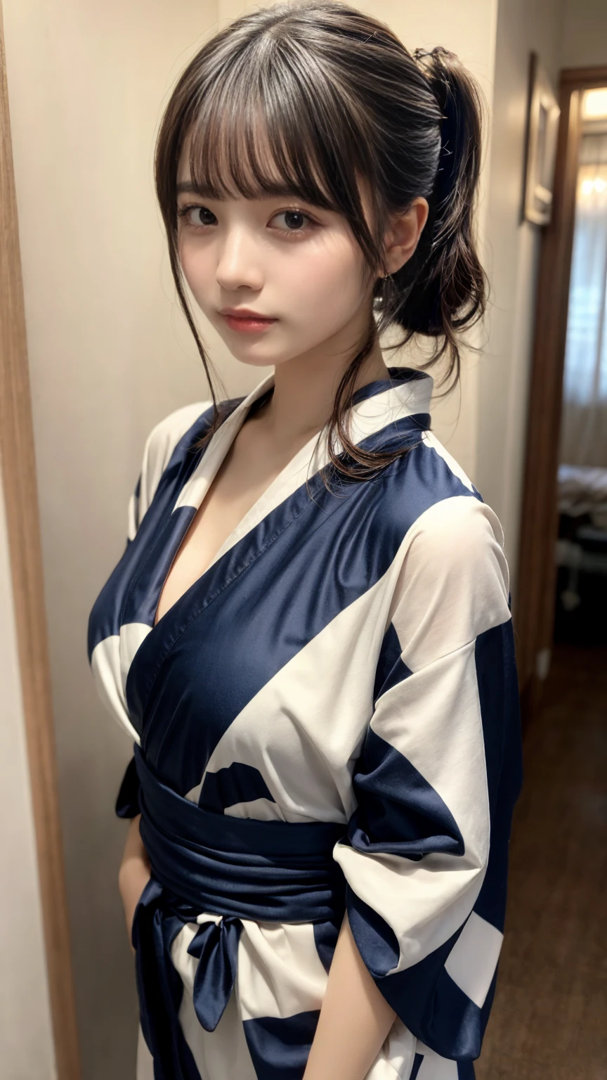 masterpiece, Best Quality, 8K, 20 yo, huge breasts, cuddly, Solo, sad, Cute, Girly, Delicate girl, Neat and clean beauty,  Raw photo, Professional Photography, Portrait, full body, front view, perfect body shape, Sophisticated, Film grain, (Eyes and faces with detailed:1.0), ponytail, short length floating hair, beautiful flowing hair, bangs, Kimono Wrap Shirt