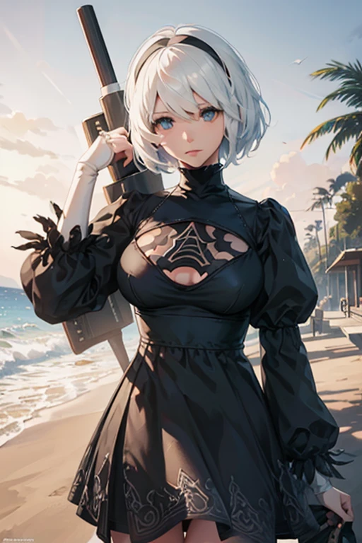 2b, 2b de Nier: Automata, short-hair, white  hair, blue colored eyes, blue colored eyes claros, black clothing, War scenario, NO extra fingers, inner body art,  anime no biquíni posando at beach com palmeiras no fundo, extremely detailed artgerm, detailed anime digital art, role model | artgerm, clean and detailed anime art, seductive anime girl, realistic bikini, garota de white  hair perfeita, beautiful seductive anime woman, at beach, [ digital art 4k ]!!, digital anime art