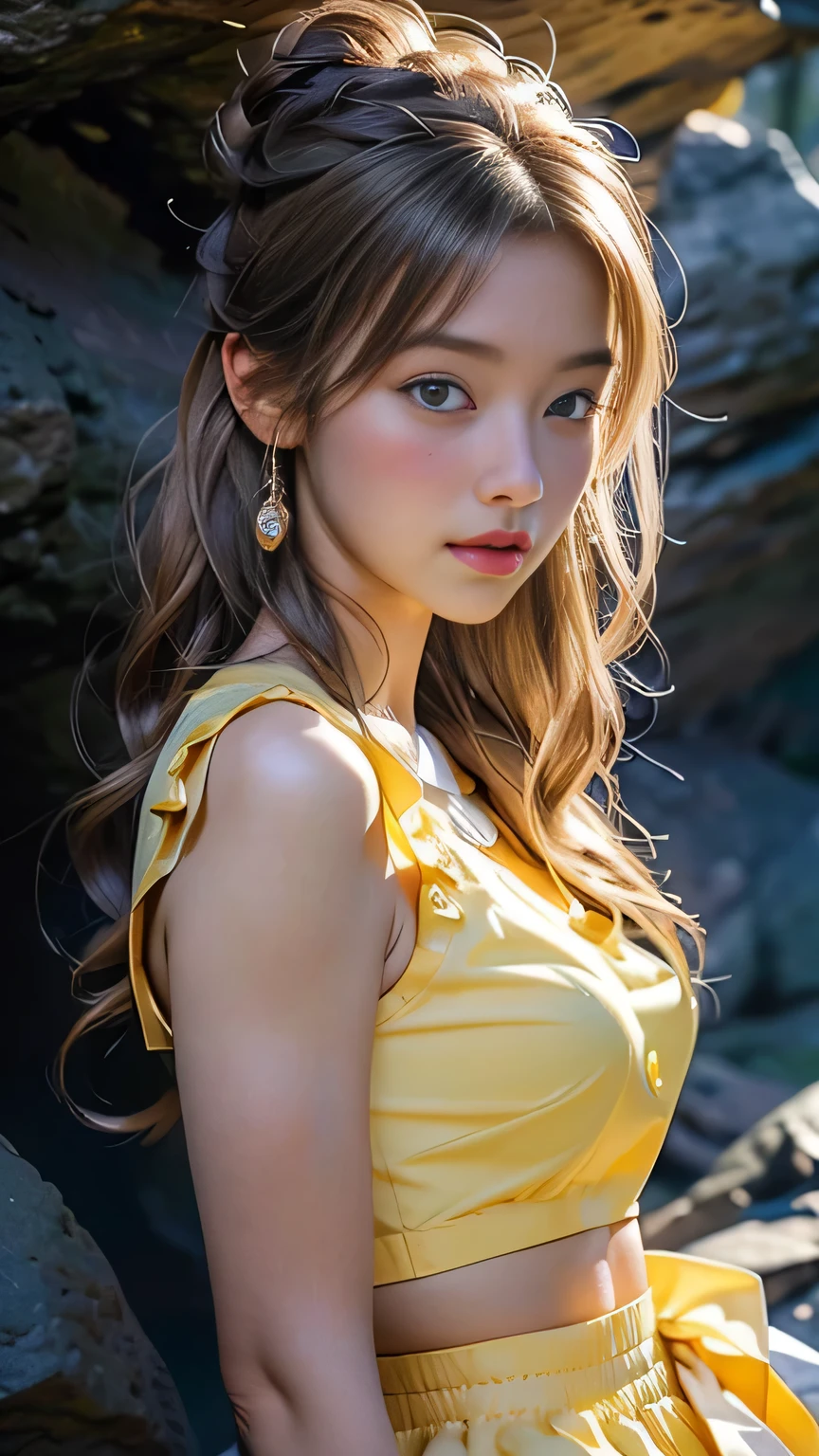 (Surreal), (picture), (High resolution), (In 8K), (Very detailed), (Best Illustration Photos), (Beautiful and fine details), (最high quality), (Ultra-detailed), (masterpiece), (wallpaper), (Detailed face), solo, One Girl, Blonde Wavy Hair, Korean Beauty,Black Eyes, ((ゆったりとしたBlue and yellow maid outfit)), Long legs, Toned Abs, Big Tits、stockings、((In a dark cave))、(Pause_random)、((Upper body portrait))), Upper body portrait, masterpiece, 最high quality, high quality, High resolution, Blue and yellow maid outfit