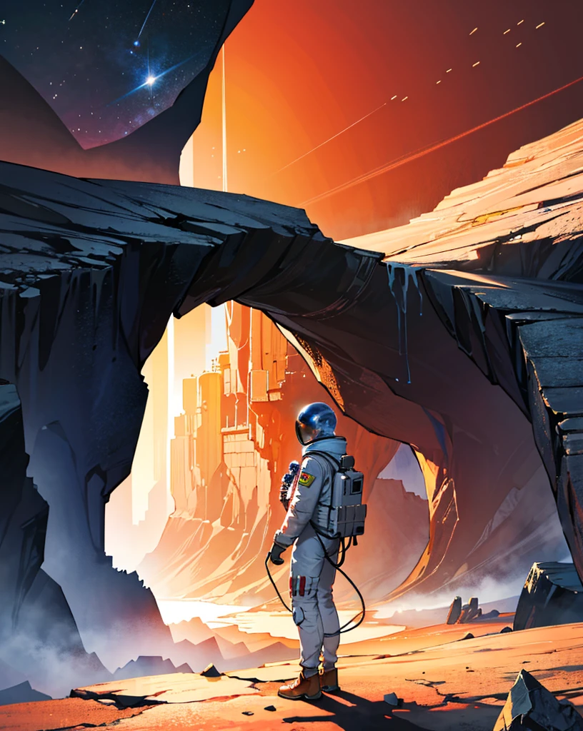 An astronaut stands at the edge of an imposing canyon on Mars, looking into the abyss that stretches out before him. The scene is set at night, illuminated by the stars and the faint glow of the planet. The canyon, with its steep and rugged walls, appears insurmountable, and the astronaut, in his spacesuit, screams into the void, expressing a mix of wonder and frustration. The Martian landscape is dotted with rocks and shadows, creating an atmosphere of mystery and challenge.