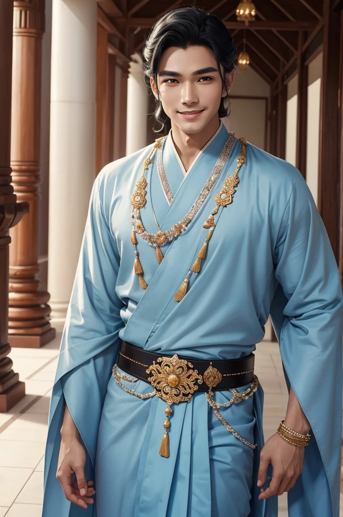Godly handsome young man dressed in traditional Thai costume. A gentle face, like a beautiful woman, Clear pearly eyes, Like a twinkling star. Pale pink lips, beautifully arched eyebrows, jet black hair, Long and flowing, Tied with a neat tiara. Beautifully decorated with flowers and jewels. Wearing a shining golden Rajapratan robe. Wearing a light blue loincloth、Adorned with a silver belt, He stood gracefully like a god descended from heaven.. His smile was full of charm. people々Attract'I want to stare at it without taking my eyes off it. He was the most handsome young man in the country..Luxurious Armor