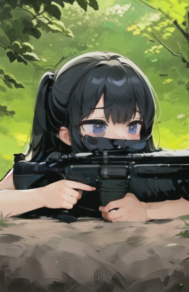 masterpiece, best quality, 1girl, m4a1, rifle, forest background, sniper, sensual fase,