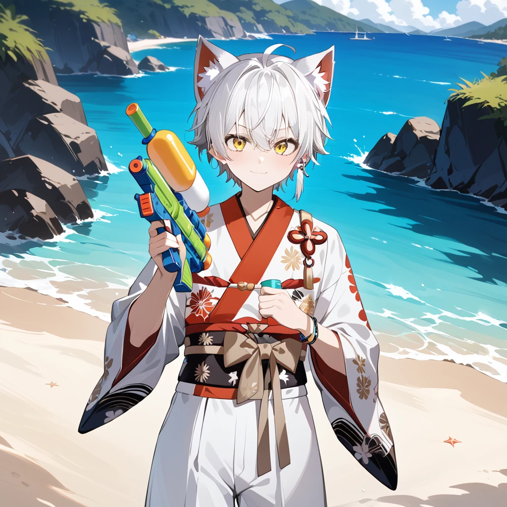 dynamic pose, ((cat_boy)),1boy,male focus,(white animal ears),white hair, short hair with single long lock,(split color kimono),(white kimono),(black kimono),(red lapel),ahoge,yellow eyes,dot nose,closed mouth, BREAKE outdoors, beach, ocean, marin, necklace, bracelet,happy, cute, sunlight,, close-up,BREAK holding supersoaker, holding [watergun:supersoaker:.25], super soaker, green and yellow watergun, aiming at you, waterstream, splash,white hakama skirt,red and white single earring,obi,red sash,beige bow,print kimono