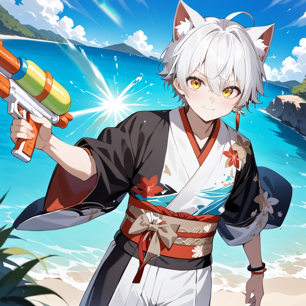 dynamic pose, ((cat_boy)),1boy,male focus,(white animal ears),white hair, short hair with single long lock,(split color kimono),(white kimono),(black kimono),(red lapel),ahoge,yellow eyes,dot nose,closed mouth, BREAKE outdoors, beach, ocean, marin, necklace, bracelet,happy, cute, sunlight,, close-up,BREAK holding supersoaker, holding [watergun:supersoaker:.25], super soaker, green and yellow watergun, aiming at you, waterstream, splash,white hakama skirt,red and white single earring,obi,red sash,beige bow,print kimono