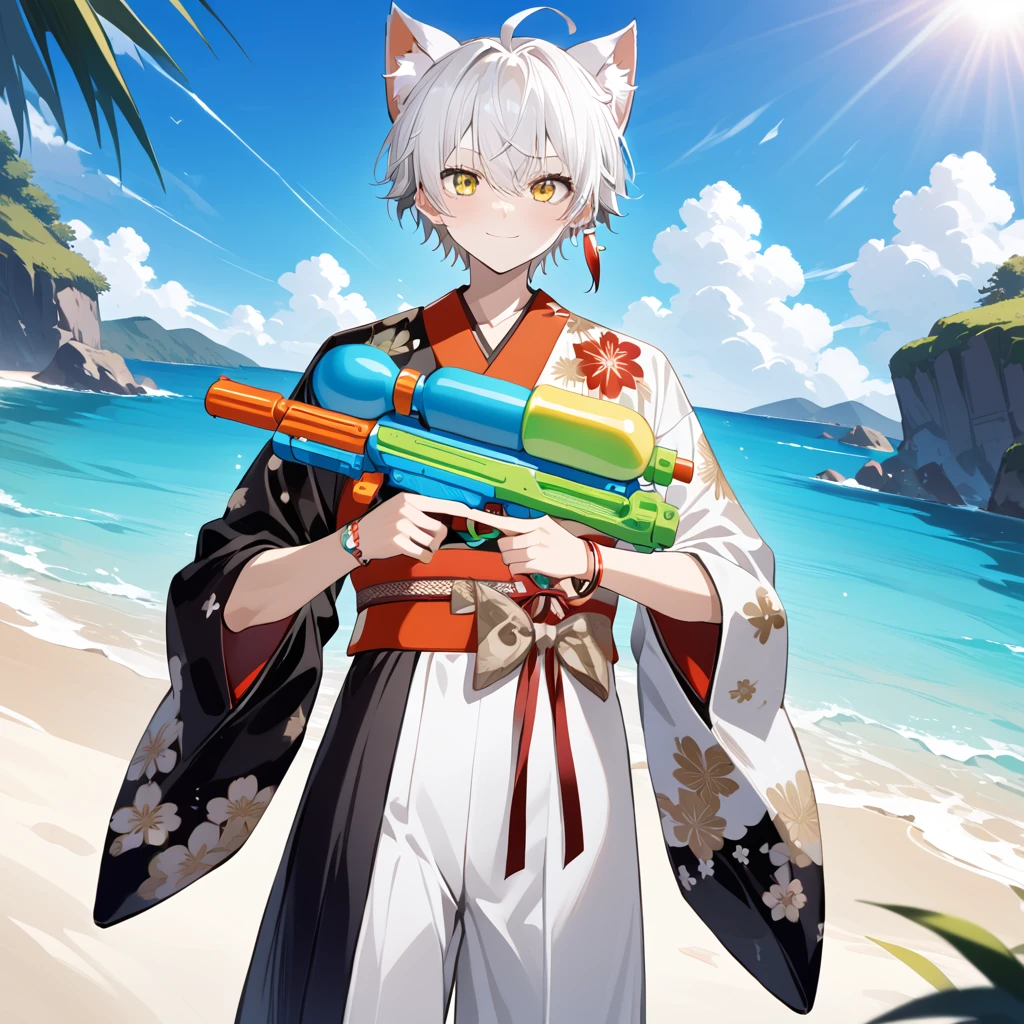 dynamic pose, ((cat_boy)),1boy,male focus,(white animal ears),white hair, short hair with single long lock,(split color kimono),(white kimono),(black kimono),(red lapel),ahoge,yellow eyes,dot nose,closed mouth, BREAKE outdoors, beach, ocean, marin, necklace, bracelet,happy, cute, sunlight,, close-up,BREAK holding supersoaker, holding [watergun:supersoaker:.25], super soaker, green and yellow watergun, aiming at you, waterstream, splash,white hakama skirt,red and white single earring,obi,red sash,beige bow,print kimono