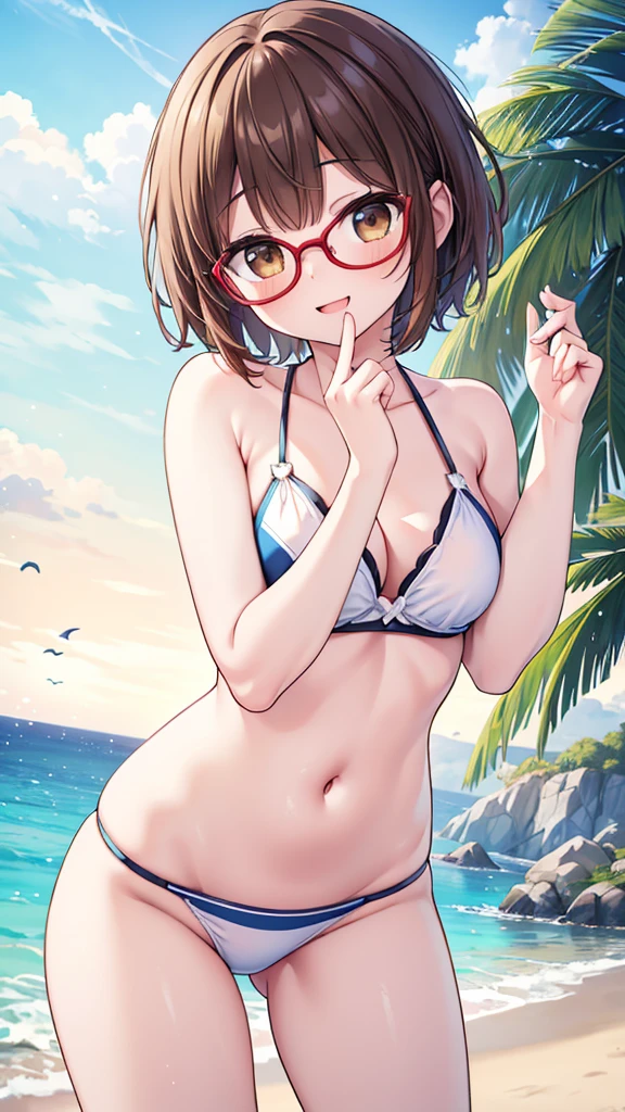 Comical pose、Get excited、fine、fun、smile、mischief、Expectations、surprise、Shyness、Sandy Beach、Midsummer、sun、Ocean、blue sky、Daytime、pretty girl , Shooting from below, One Girl, Brown Hair、Very short hairstyle, Brown eyes、Red frame glasses、White Bikini,Highest quality, 4K, 8k, High resolution, masterpiece:1.2, Very detailed, Realistic, photoRealistic, photo-Realistic:1.37, High resolution, 超High resolution, Studio Lighting, Ultra-fine painting, Sharp focus, Physically Based Rendering, Very detailed説明, Professional, Vibrant colors, Bokeh