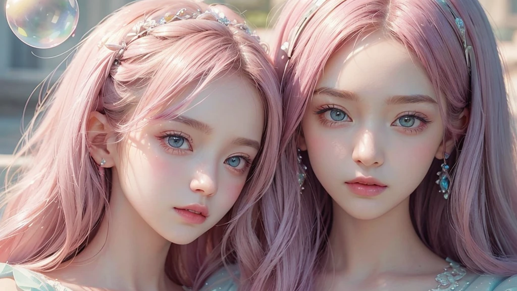 ((masterpiece)). This work is dreamy and fantastical., Soft pink watercolor shades. Generates delicate magical women exploring the bubble gum world in a variety of pastel colors. Her sweet face is extremely detailed and realistic with elegant, Mature features, Puffy, Big lips and stunning, Extremely realistic eyes. Her eyes are important、Be realistic, Very detailed, And it&#39;s beautiful. High resolution and detail, Include many details like stars, Milky Way, Colorful bubbles, Colorful petals, And a lot of energy and emotion! Stars and colorful bubblegum bubbles are important! Include fantasy details, Enhanced Details, iris, Colorful sparkling wind, And pollen. Pay special attention to her face、Make sure it&#39;s beautiful and realistic in detail。. The image is dreamy、It has to be fantastical..8k, Complex, elegant, Very detailed, Majestic, Digital photography