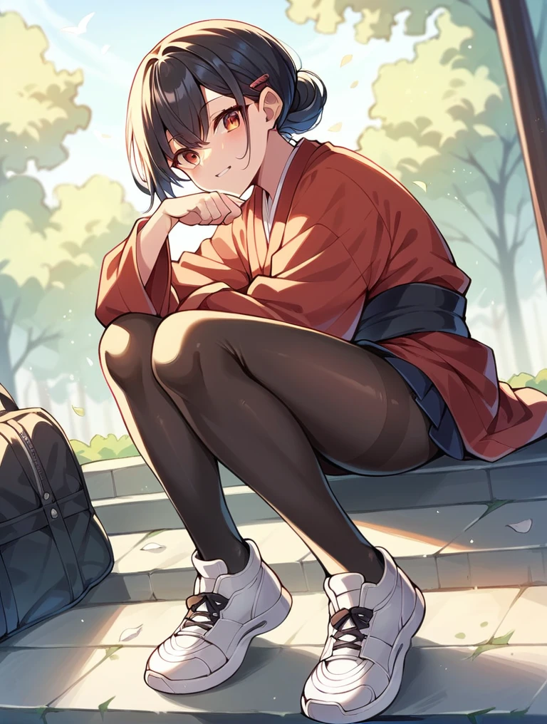 A woman wearing Japanese school clothes, black tights and white sneakers
