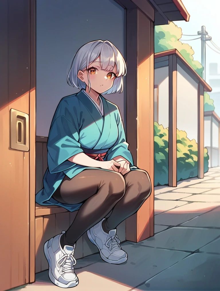 A woman wearing Japanese school clothes, black tights and white sneakers