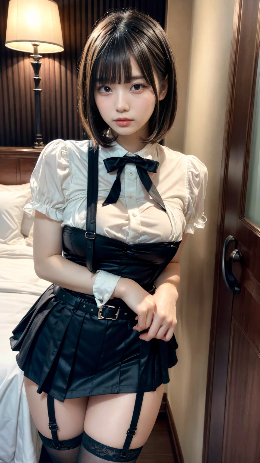 masterpiece, best quality, illustration, Super detailed, fine details, High resolution, 8K,wall paper, perfect dynamic composition,(Details High quality, realistic depiction of eyes:1.3), holster, bobby, Cutter shirt, a belt, suspenders, a miniskirt, garterbelts, knee high Stockings, large breasts, short bob hair、black hair color, Big Natural Color Lip, bold sexy pose, crying a little、Harajuku style、20 year old girl、cute type、ta、beautiful legs, hotel room, gravure idol, Voluptuous thighs
