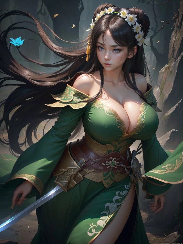 a woman in a green dress holding a sword and a flower, inspired by Li Mei-shu, inspired by Shen Zhou, inspired by Wu Li, inspired by Wu Zuoren, yun ling, inspired by Ju Lian, inspired by Li Tang, full body xianxia, inspired by Qiu Ying, inspired by Lan Ying, xianxia hero, Highly detailed CG unit 8k wallpaper, masterpiece, High resolution, highest quality, highest quality real texture skin, Super Real, Digital Painting, Best image quality, 最High resolution, 8k, ((Highly detailed eyes and face, Beautiful eyes every detail)), 1girl, Full Body Shot, (Cleavage, Saggy breasts, Gravity-dependent breasts, long chest, Heavy chest, disproportionate breasts, huge breasts, sagging breasts, gigantic breasts, erect nipple), Off the shoulder,