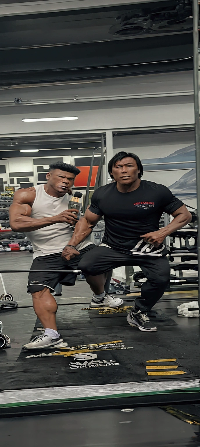 2 man, ((muscular)), strong,