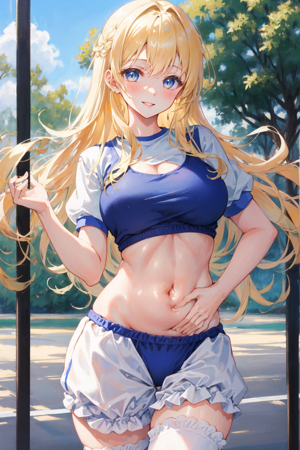 beautiful girl, Shiny golden hair, Gorgeous Long Hair, (Beautiful blue eyes、Sparkling eyes, fine grain)、smile、Very fine eye、Highly detailed face, Highly detailed eyes, (masterpiece:1.2, Highest quality), Beautiful illustrations, Browsing Caution, View your audience, 1 girl, high school girl, Perfect Face, Cute and symmetrical face, Glowing Skin, , Big eyes, Long eyelashes, (Mid-chest, Captivating thighs), thin, Beautiful detailed hair, Beautifully detailed face, Beautiful attention to detail, Beautiful clavicle, Beautiful body, Beautiful breasts, Beautiful thighs, Beautiful legs, Beautiful fingers, (Gym clothes with short sleeves, belly button、Bloomers:1.5), (Beautiful views), evening, (Outdoor, Schoolyard), Are standing, Arms crossed, (かわいらしいsmile, Upward glance, Lips parted),