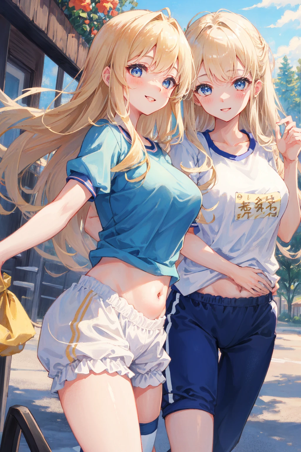 beautiful girl, Shiny golden hair, Gorgeous Long Hair, (Beautiful blue eyes、Sparkling eyes, fine grain)、smile、Very fine eye、Highly detailed face, Highly detailed eyes, (masterpiece:1.2, Highest quality), Beautiful illustrations, Browsing Caution, View your audience, 1 girl, high school girl, Perfect Face, Cute and symmetrical face, Glowing Skin, , Big eyes, Long eyelashes, (Mid-chest, Captivating thighs), thin, Beautiful detailed hair, Beautifully detailed face, Beautiful attention to detail, Beautiful clavicle, Beautiful body, Beautiful breasts, Beautiful thighs, Beautiful legs, Beautiful fingers, (Gym clothes with short sleeves, belly button、Bloomers:1.5), (Beautiful views), evening, (Outdoor, Schoolyard), Are standing, Arms crossed, (かわいらしいsmile, Upward glance, Lips parted),