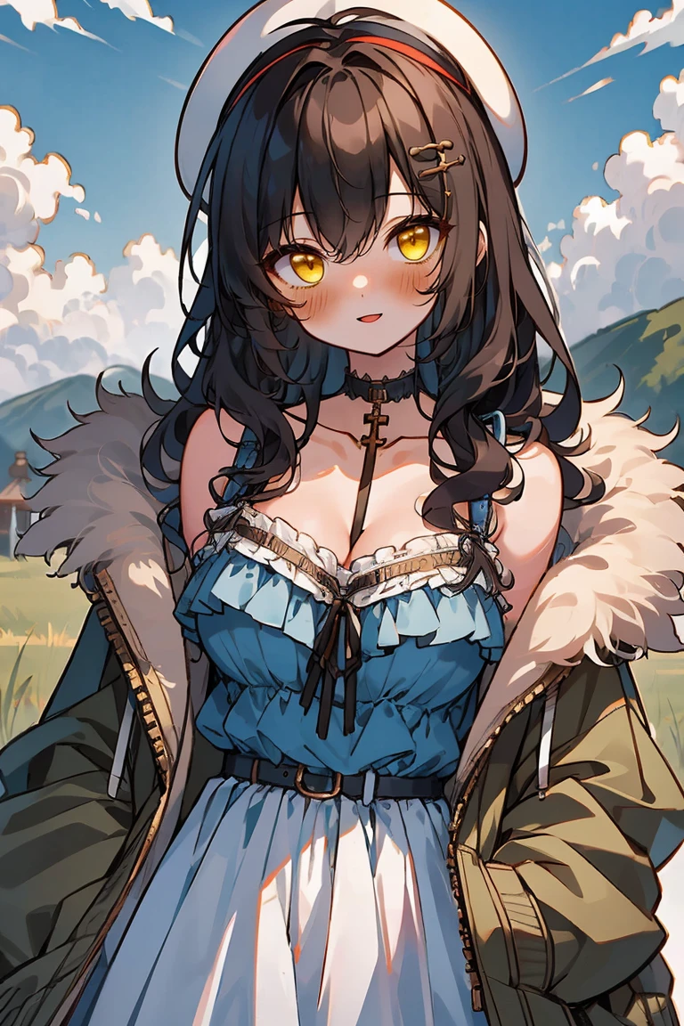 (masterpiece:1.2), (high quality:1.2), girls with((1girl, solo, black hair, yellow eyes, (wavy long hair, red beret, hairclips:1.3), blush, breasts, choker, cleavage, coat, cowboy shot, blue lace dress, camisole, ribbon waist belt, black ribbon belt, red bow, red ribbon, neck ribbon, collar, collarbone, rosary, rosary choker, cross, fur, fur trim, parka, khaki hoodie, green hoodie, khaki jacket, hood down, hooded coat, hooded jacket, hoodie, jacket, large breasts, long sleeves, medium breasts, open clothes, open coat,open hoodie, sleeveless, winter clothes, zipper, cleavage, upper body)), background with((architecture, blue sky, bush, castle, village, no humans, cloud, cloudy sky, day, field, garden, grass, hill, house, lamppost, landscape, mountain, mountainous horizon, nature, no humans, outdoors, scenery, shrine, sky))