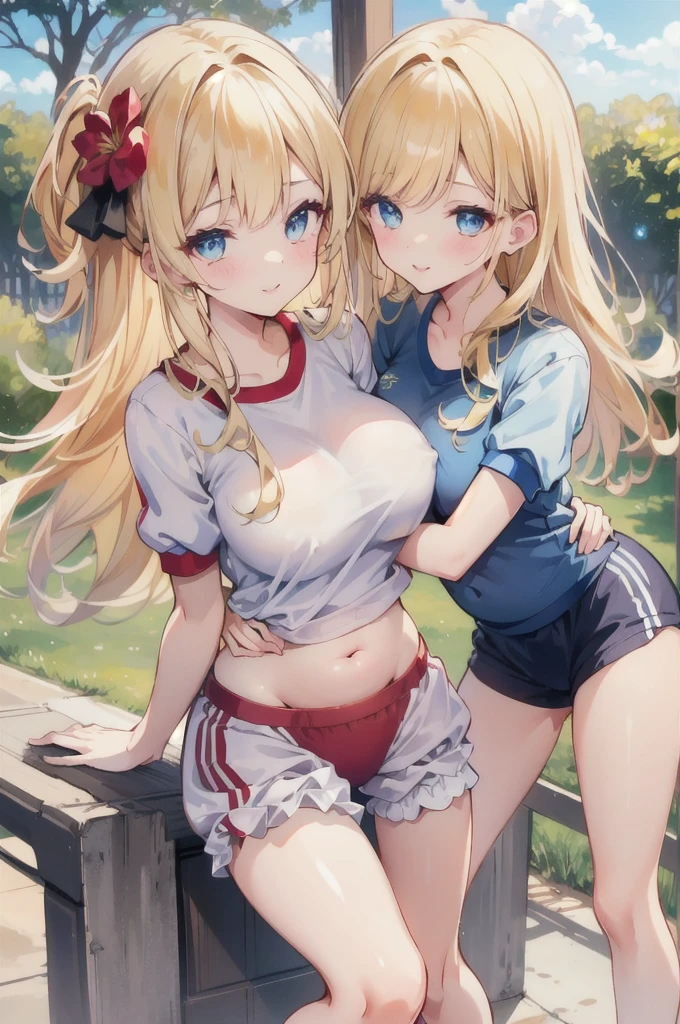 beautiful girl, Shiny golden hair, Gorgeous Long Hair, (Beautiful blue eyes、Sparkling eyes, fine grain)、smile、Very fine eye、Highly detailed face, Highly detailed eyes, (masterpiece:1.2, Highest quality), Beautiful illustrations, Browsing Caution, View your audience, 1 girl, high school girl, Perfect Face, Cute and symmetrical face, Glowing Skin, , Big eyes, Long eyelashes, (Mid-chest, Captivating thighs), thin, Beautiful detailed hair, Beautifully detailed face, Beautiful attention to detail, Beautiful clavicle, Beautiful body, Beautiful breasts, Beautiful thighs, Beautiful legs, Beautiful fingers, (Gym clothes with short sleeves, belly button、Bloomers:1.5), (Beautiful views), evening, (Outdoor, Schoolyard), Are standing, Arms crossed, (かわいらしいsmile, Upward glance, Lips parted),