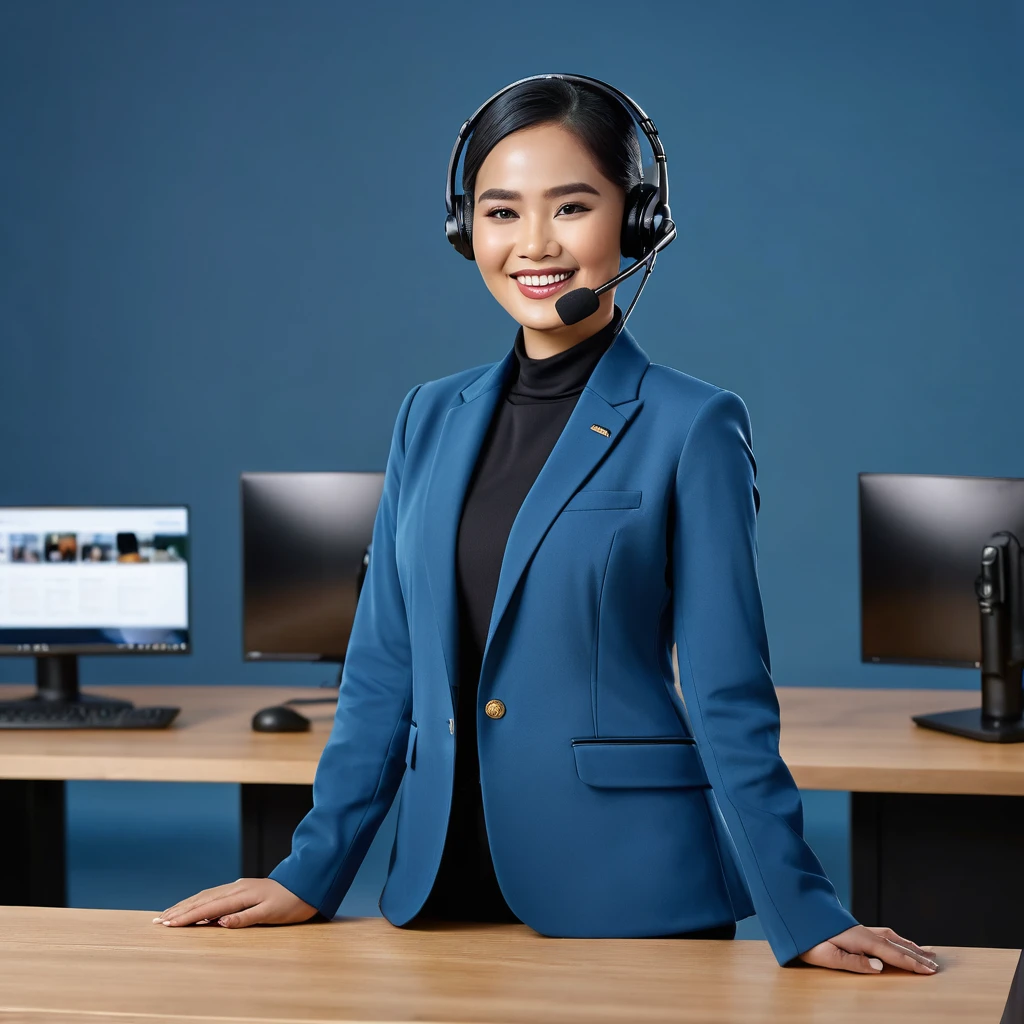 Photography image of an Indonesian female customer service person wearing a black wireless mic, wearing a blue long jacket. Radiant face, smile, charismatic. Background view in a spacious studio, several monitor screens. Realistic, ultra hd 24k, stand full body view.