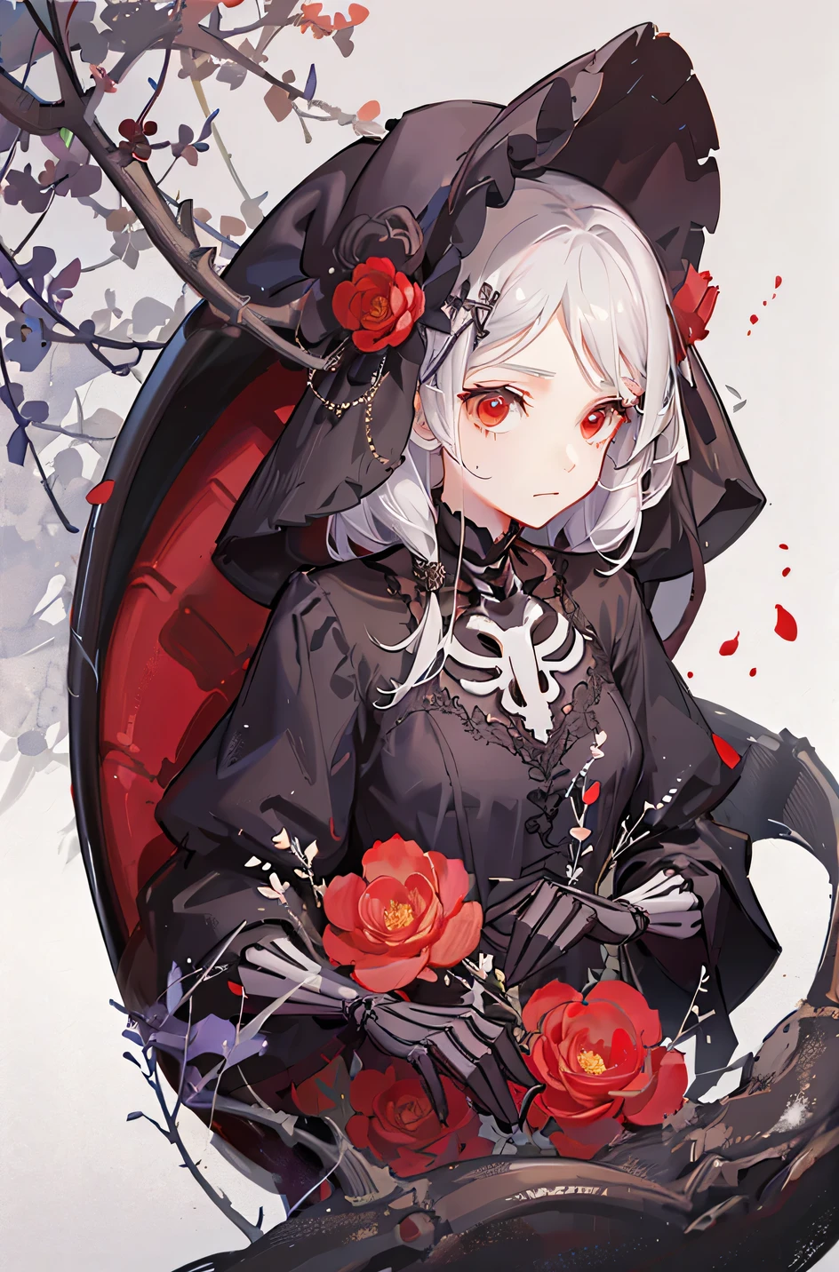 a girl with skeleton, There are red flowers growing on the skeleton, SKELETON, red flower, illustration, 25 year old, bone, skull, creepy,