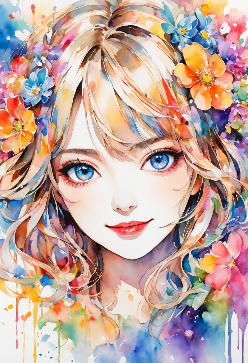 beautiful woman portrait, cute smile, Sylvia Pelissero watercolors, colorful flowers, beautiful eyes, upper body, abstract art, intense watercolor, watercolor detailed art, watercolor splash, surreal, avant-garde pop art, Beautiful and expressive paintings, Beautiful artwork illustration, very colorful tones, wonderful, cool beauty, highest quality, official art, women only, sharp outline, best shot, vector art, lips in love、 (((The strongest beautiful women of all time))), (((Japanese)))、clear, (((highest quality))), lips in love, HDR, ((Detailed details)), stylish fashion, detailed clothing texture, (((graffiti art))), colorful hair, ((masterpiece))、((Super detailed))