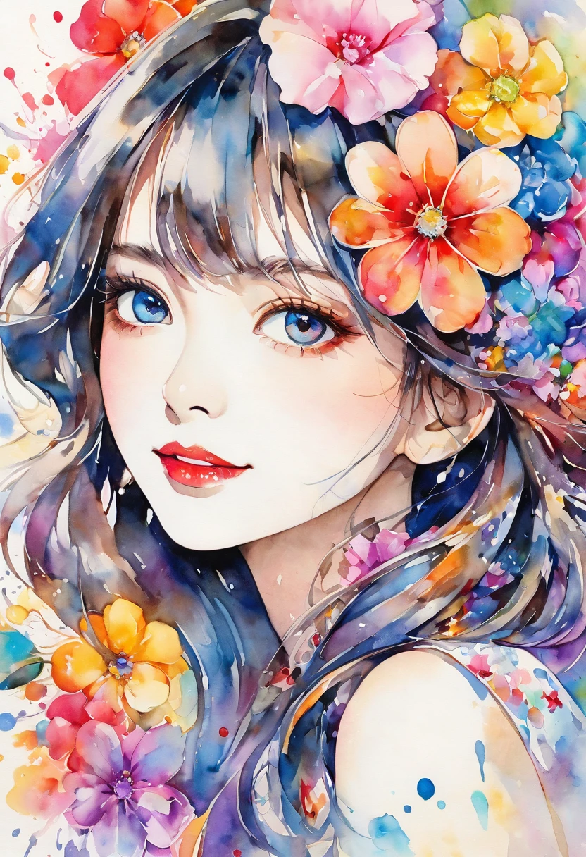beautiful woman portrait, cute smile, Sylvia Pelissero watercolors, colorful flowers, beautiful eyes,  upper body, abstract art, intense watercolor, watercolor detailed art, watercolor splash, surreal, avant-garde pop art, Beautiful and expressive paintings, Beautiful artwork illustration, very colorful tones, wonderful, cool beauty, highest quality, official art, women only, sharp outline, best shot, vector art, lips in love、 (((The strongest beautiful women of all time))), (((Japanese)))、clear, (((highest quality))), lips in love, HDR, ((Detailed details)), stylish fashion, detailed clothing texture, (((graffiti art))), colorful hair, ((masterpiece))、((Super detailed))