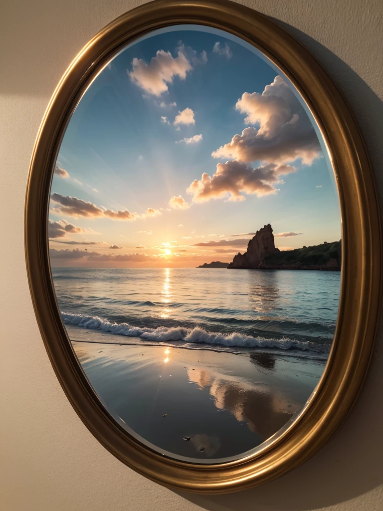 超High resolution, Attention to detail, high quality, High resolution, 最high quality, 4K, 8k,Real,The view reflected in the convex mirror,Sea view,sunset,