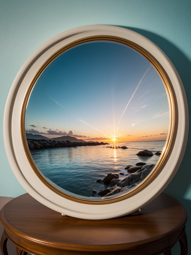 超High resolution, Attention to detail, high quality, High resolution, 最high quality, 4K, 8k,Real,The view reflected in the convex mirror,Sea view,sunset,