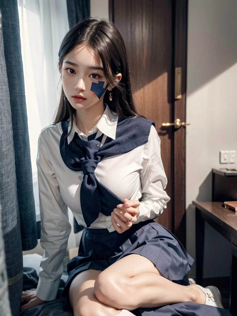 absurdres, RAW photo, extremely delicate and beautiful, masterpiece, Best Quality, ultra high resolution, 32k, hyperrealistic, ultra-detailed, perfect anatomy, super Detailed skin, perfect figure, Super Beauty, Perfect Style, Perfect balance, 20 years old, very small head, very small face, delicate facial features, detailed face, detailed eyes, tearful mole, earring, very huge round breasts, legs, medium hair, whole body shot, indoor, ((school_uniform)), 