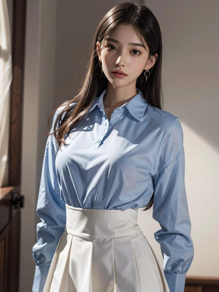 absurdres, RAW photo, extremely delicate and beautiful, masterpiece, Best Quality, ultra high resolution, 32k, hyperrealistic, ultra-detailed, perfect anatomy, super Detailed skin, perfect figure, Super Beauty, Perfect Style, Perfect balance, 20 years old, very small head, very small face, delicate facial features, detailed face, detailed eyes, tearful mole, earring, very huge round breasts, legs, medium hair, whole body shot, indoor, ((school_uniform)),