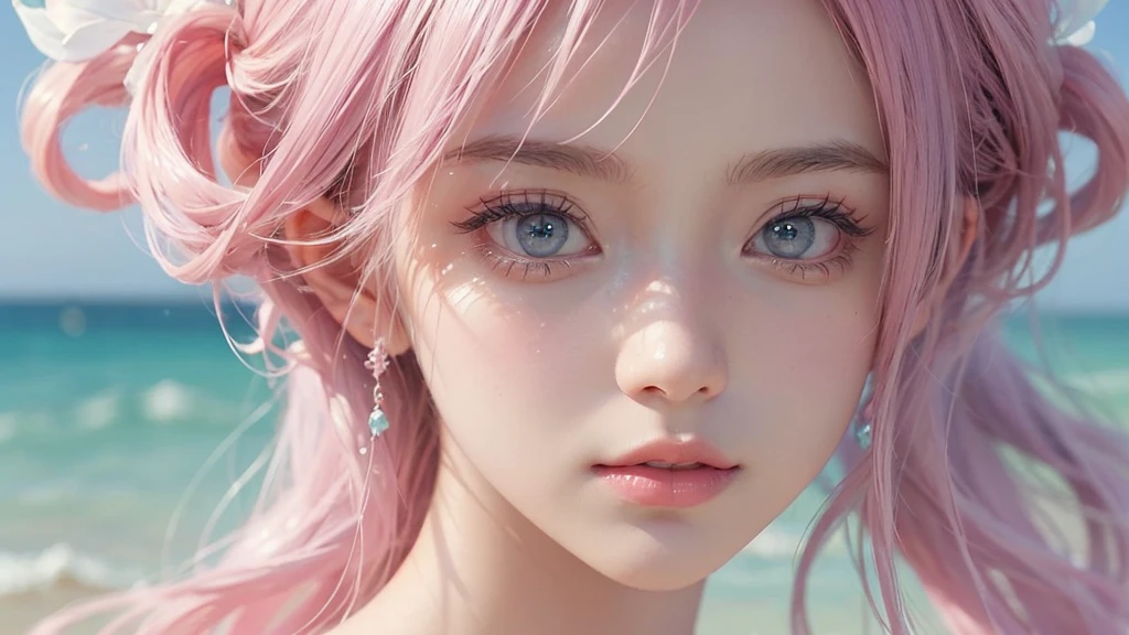 ((masterpiece)). This work is dreamy and fantastical., Soft pink watercolor shades. Generates delicate magical women exploring the bubble gum world in a variety of pastel colors. Her sweet face is extremely detailed and realistic with elegant, Mature features, Puffy, Big lips and stunning, Extremely realistic eyes. Her eyes are important、Be realistic, Very detailed, And it's beautiful. High resolution and detail, Include many details like stars, Milky Way, Colorful bubbles, Colorful petals, And a lot of energy and emotion! Stars and colorful bubblegum bubbles are important! Include fantasy details, Enhanced Details, iris, Colorful sparkling wind, And pollen. Pay special attention to her face、Make sure it's beautiful and realistic in detail。. The image is dreamy、It has to be fantastical..8k, Complex, elegant, Very detailed, Majestic, Digital photography