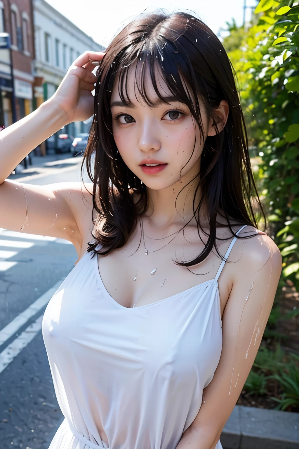 (Sexy pose),

(Highest quality, 8k, 32k, masterpiece, Ultra-high resolution:1.2), Cute Japanese Girl, (Huge breasts:1.2), Long black hair, bangs, (My whole body is wet:1.2),(Sweat is dripping:1.1),Idol,Natural Makeup,

(Wet transparent camisole dress:1.3),(Your clothes are wet:1.4),(The clothes are transparent:1.4),(Clothes stick to the skin:1.4),Tight waist, (Outdoor, Main Street, blue sky,),Upper body close-up、Shorts、Strong sunlight、