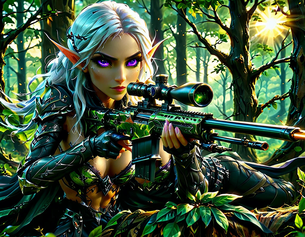 a portrait picture of a 1single female drow elf sniper, lying on a tree branch aiming a sniper rifle, an exotic beautiful elf sniper, white hair, braided hair, (black skin: 1.3),  intense purple eyes, ultra detailed face, small pointed ears, forest green camouflage cloths, on top of a epic fantasy tree, aiming a Barret M82, fantasy fores background, its sunset, sun rays, some clouds,  (full body shot: 1.1) , vibrant, Ultra-high resolution, High Contrast, (masterpiece:1.5), highest quality, Best aesthetics), best details, best quality, highres, ultra wide angle, 16k, [ultra detailed], masterpiece, best quality, (extremely detailed) Sniper Rifle, Intense gaze
