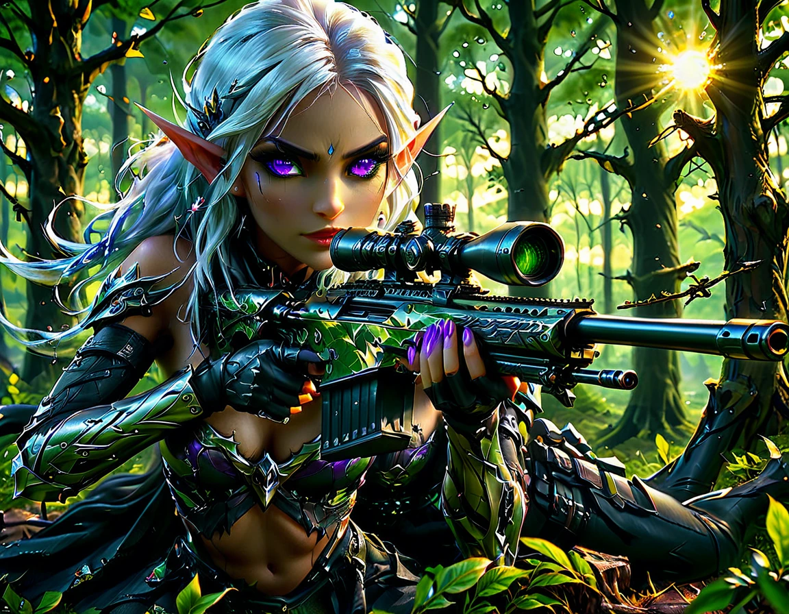 a portrait picture of a 1single female drow elf sniper, lying on a tree branch aiming a sniper rifle, an exotic beautiful elf sniper, white hair, braided hair, (black skin: 1.3),  intense purple eyes, ultra detailed face, small pointed ears, forest green camouflage cloths, on top of a epic fantasy tree, aiming a Barret M82, fantasy fores background, its sunset, sun rays, some clouds,  (full body shot: 1.1) , vibrant, Ultra-high resolution, High Contrast, (masterpiece:1.5), highest quality, Best aesthetics), best details, best quality, highres, ultra wide angle, 16k, [ultra detailed], masterpiece, best quality, (extremely detailed) Sniper Rifle, Intense gaze
