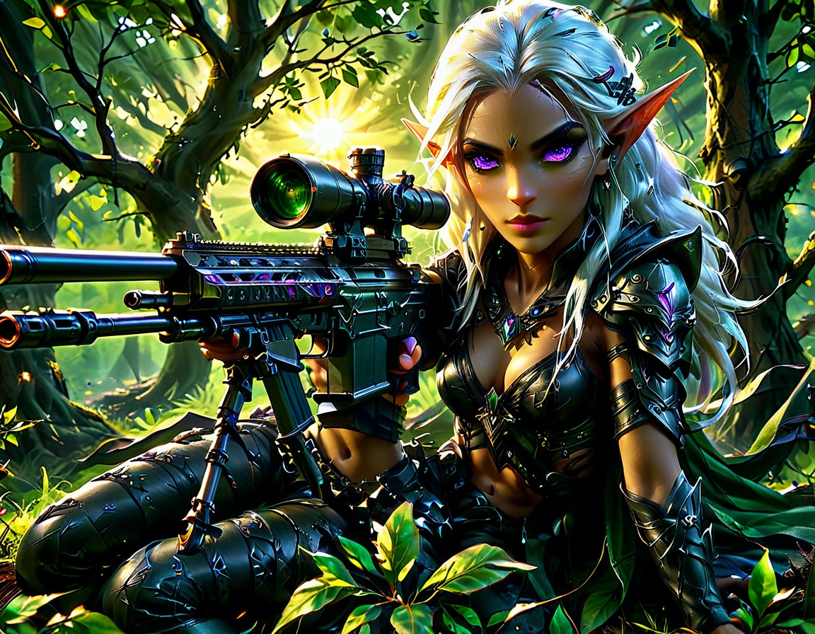 a portrait picture of a 1single female drow elf sniper, lying on a tree branch aiming a sniper rifle, an exotic beautiful elf sniper, white hair, braided hair, (black skin: 1.3),  intense purple eyes, ultra detailed face, small pointed ears, forest green camouflage cloths, on top of a epic fantasy tree, aiming a Barret M82, fantasy fores background, its sunset, sun rays, some clouds,  (full body shot: 1.1) , vibrant, Ultra-high resolution, High Contrast, (masterpiece:1.5), highest quality, Best aesthetics), best details, best quality, highres, ultra wide angle, 16k, [ultra detailed], masterpiece, best quality, (extremely detailed) Sniper Rifle, Intense gaze
