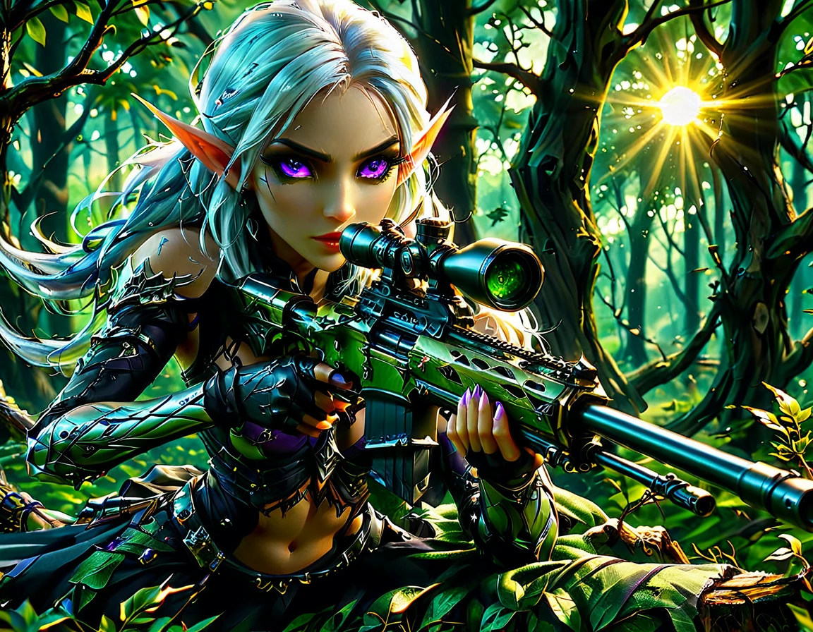 a portrait picture of a 1single female drow elf sniper, lying on a tree branch aiming a sniper rifle, an exotic beautiful elf sniper, white hair, braided hair, (black skin: 1.3),  intense purple eyes, ultra detailed face, small pointed ears, forest green camouflage cloths, on top of a epic fantasy tree, aiming a Barret M82, fantasy fores background, its sunset, sun rays, some clouds,  (full body shot: 1.1) , vibrant, Ultra-high resolution, High Contrast, (masterpiece:1.5), highest quality, Best aesthetics), best details, best quality, highres, ultra wide angle, 16k, [ultra detailed], masterpiece, best quality, (extremely detailed) Sniper Rifle, Intense gaze
