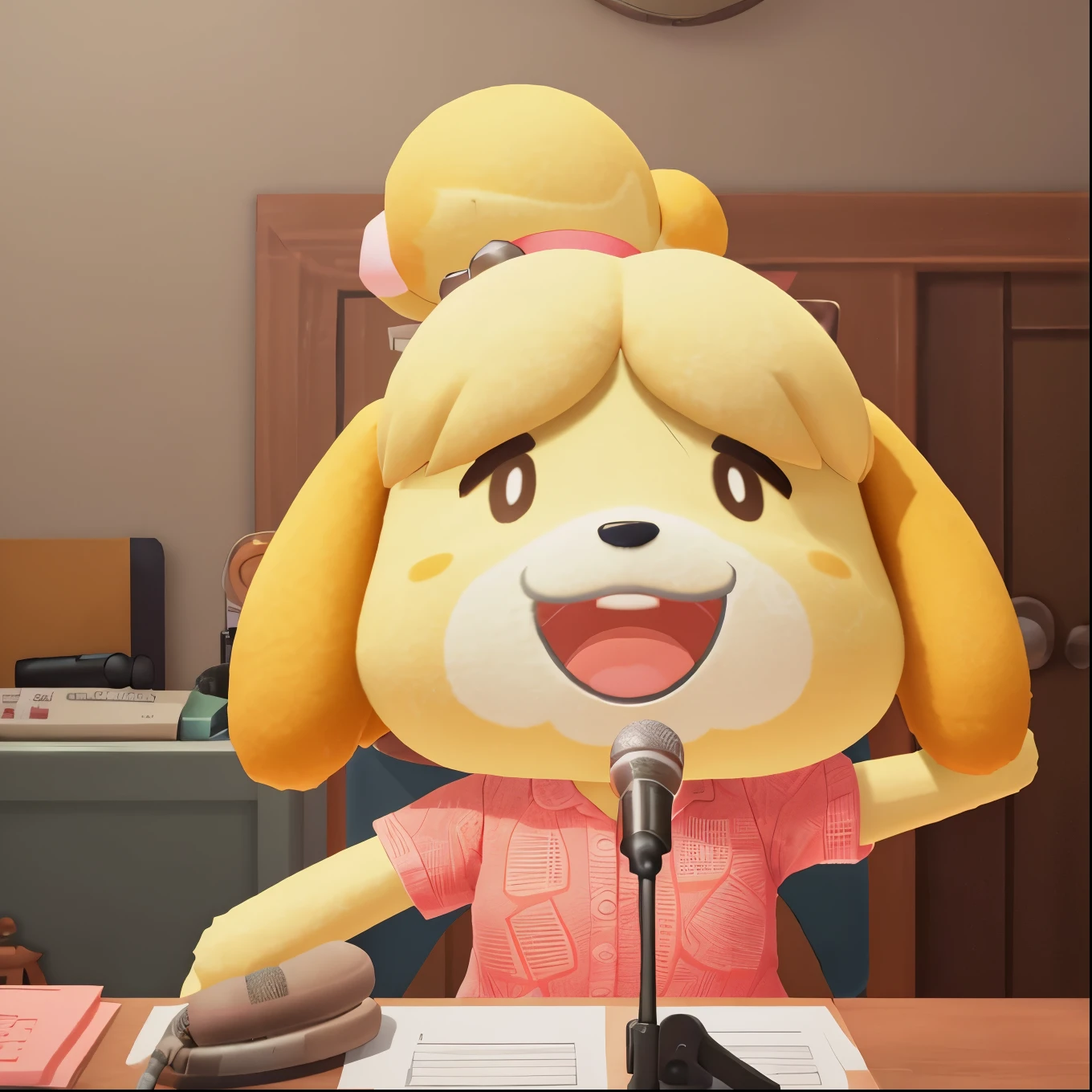 Isabelle \(Protect animals\), 1 Girl, open mouth, Solitary, Animal ears, hairy, microphone, Dog Girl, Chair, hairy female, Pink shirt, Hair Bun, Dog ears, indoors, Upper Body, 3d, Screenshots,  