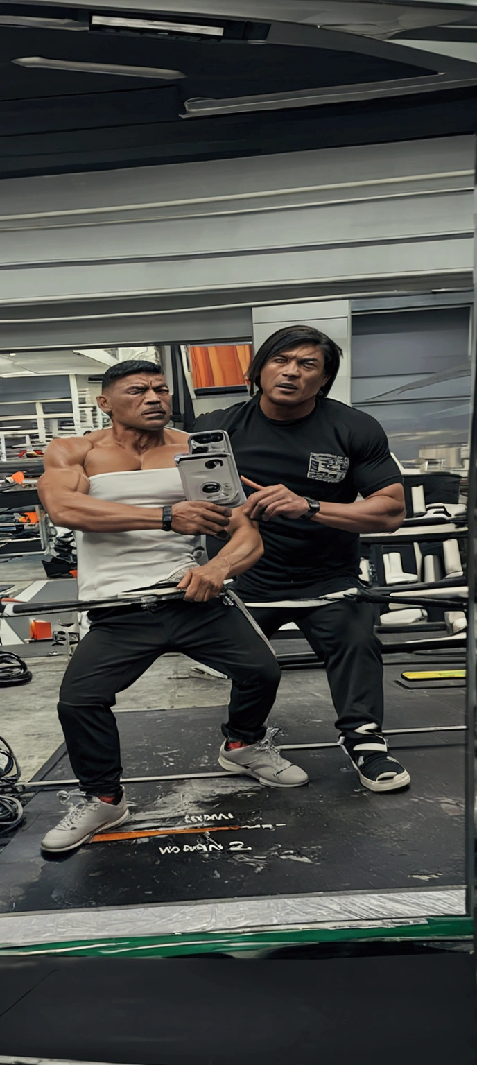2 man, ((muscular)), strong,