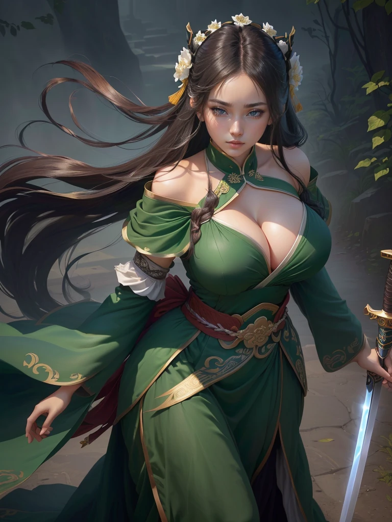 a woman in a green dress holding a sword and a flower, inspired by Li Mei-shu, inspired by Shen Zhou, inspired by Wu Li, inspired by Wu Zuoren, yun ling, inspired by Ju Lian, inspired by Li Tang, full body xianxia, inspired by Qiu Ying, inspired by Lan Ying, xianxia hero, Highly detailed CG unit 8k wallpaper, masterpiece, High resolution, highest quality, highest quality real texture skin, Super Real, Digital Painting, Best image quality, 最High resolution, 8k, ((Highly detailed eyes and face, Beautiful eyes every detail)), 1girl, Full Body Shot, (Cleavage, Saggy breasts, Gravity-dependent breasts, long chest, Heavy chest, disproportionate breasts, huge breasts, sagging breasts, gigantic breasts, erect nipple), Off the shoulder,