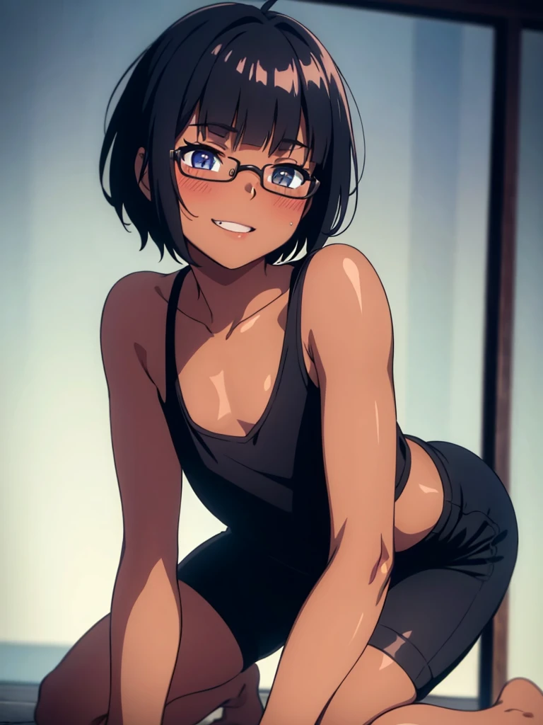 (1 femboy solo:1.5),(dark skin:1.5),(masterpiece:1.2), highest quality, High resolution, unity 8k wallpaper, (fine and beautiful eyes:1.6), highly detailed face, perfect lighting, Detailed CG, (perfect hands, perfect anatomy),20 years old, (black hair:1.3), detailed eyes, best quality, extremely detailed, very precise detailed, (glasses:1.4), , (straight hair:1.5), (evil smile:1.3) , (blush:1.3),(very short pixie cut:1.4),(blunt bangs:1.4), (greaming skin:1.3),(flat chest:1.5),(tank top:1.5),(open mouth),(bike shorts),(leaning_forward:1.4),(from side:1.2),looking_at_viewer,,(kneeling:1.4),(hip focus),(from behind:1.2)