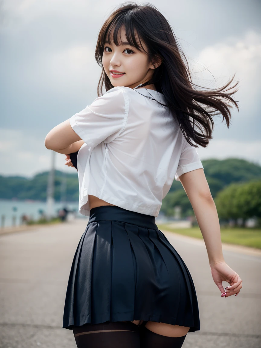 woman, 20-year-old, Short black wavy hair、bangs、plump nipples、(Student Sailor Suit)、(Navy blue pleated student mini skirt、Thick black pantyhose、), Cute Smile、((Poses that accentuate the buttocks、looked back))、Sexy Hips、((((The wind blows up her skirt, Panties exposed...))))、(１２０Matte Black Denier Pantyhose、)、(Please tilt your head a little)