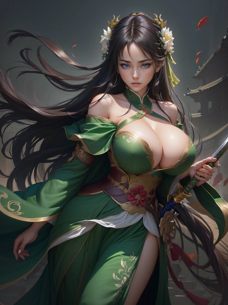 a woman in a green dress holding a sword and a flower, inspired by Li Mei-shu, inspired by Shen Zhou, inspired by Wu Li, inspired by Wu Zuoren, yun ling, inspired by Ju Lian, inspired by Li Tang, full body xianxia, inspired by Qiu Ying, inspired by Lan Ying, xianxia hero, Highly detailed CG unit 8k wallpaper, masterpiece, High resolution, highest quality, highest quality real texture skin, Super Real, Digital Painting, Best image quality, 最High resolution, 8k, ((Highly detailed eyes and face, Beautiful eyes every detail)), 1girl, Full Body Shot, (, Saggy breasts,y-dependent breasts, long ceavy chest, disproportionate breasts, huge breasts,g breasts, gigreasts, erect nipff the shoulder,