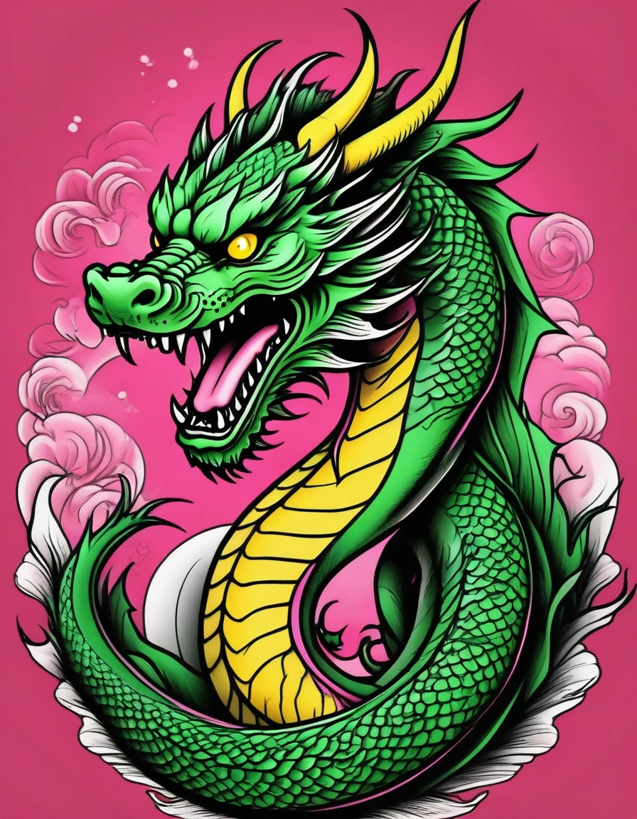 realistic tattoo art of green Chinese dragon with (((yellow eyes))) with pink sakura petal effect ,he is with open mouth looking very fierce and angry, the background is Japanese wave tattoo, (Unity 16K Wallpaper, masterpiece, Best Quality, high quality, Ultra-detailed, extremely details), a tattoo design, realistic tattoo art of green Chinese dragon with (((yellow eyes))) with pink sakura petal effect ,he is with open mouth looking very fierce and angry, the background is Japanese wave tattoo, upper arm tattoo,
