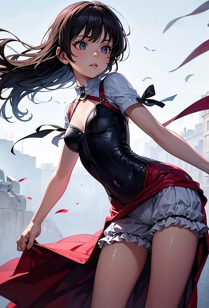 10 year old girl underwear, Realistic bloomers made from patterned cotton fabric, Medieval one-piece dress with panniers, Fabric Realism, Low - Angle, I see bloomers, Pull up the dress by hand, Strong winds, Translucent slip, Translucent slip, tights, Highest quality, Crotch close-up, whole body