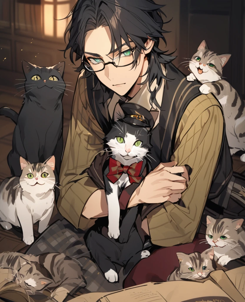 Male,5'8,glasses,light skin,green eyes,messy black hair,hogwards uniform,cat as his pet