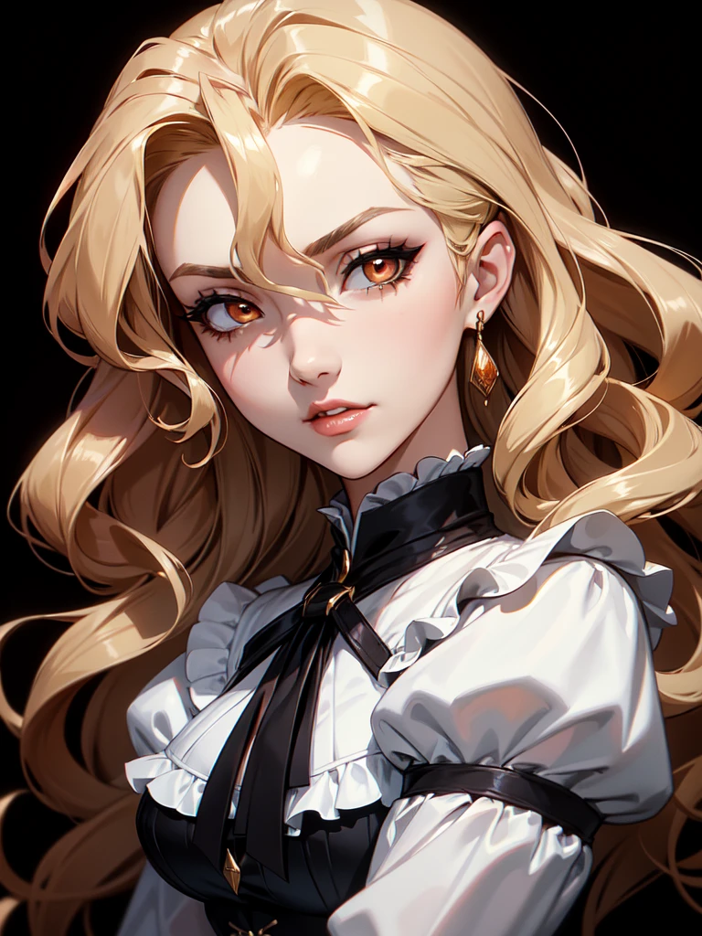 (((Portrait Photo))), She has a Strong, Seductive 21-Years-Old Appearance, with a Tall, an Elegant Build, and a Sophisticated Demeanor. She has Long, Light Blonde Hair, Styled in Loose Waves, with Strands Falling Around Her Face. Her Sharp, Orange Eyes Express a Confident and Intense Look, Giving Off a Regal and Powerful Attitude. She Wears a High-Collared, White Blouse with Ruffled Details, Paired with a Black Corset that Cinches Her Waist, Completed with a Black High-Waisted Trousers. (((High Quality, Dark Background))), (((Portrait Photo)))