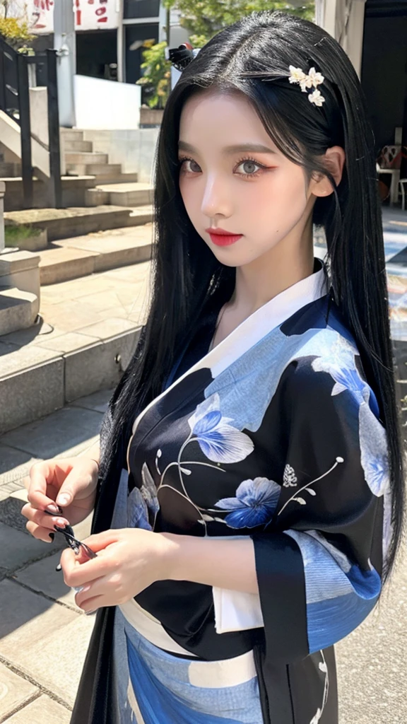 Black hair Blue eyes sexy kimono Black Fang hairpin,long hair