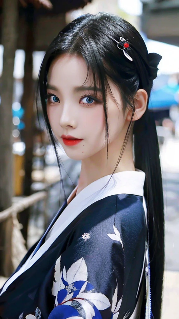 Black hair Blue eyes　sexy kimono　Black　Fang hairpin,long hair